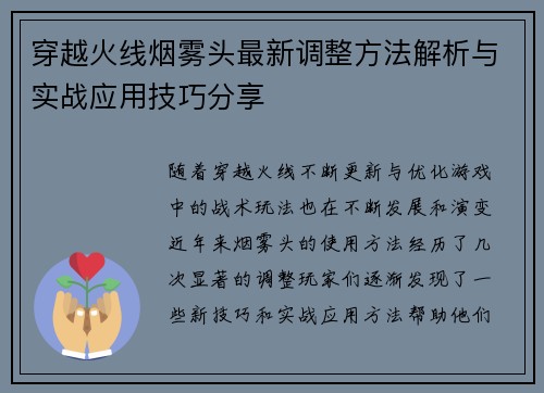 穿越火线烟雾头最新调整方法解析与实战应用技巧分享