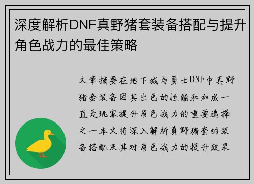 深度解析DNF真野猪套装备搭配与提升角色战力的最佳策略